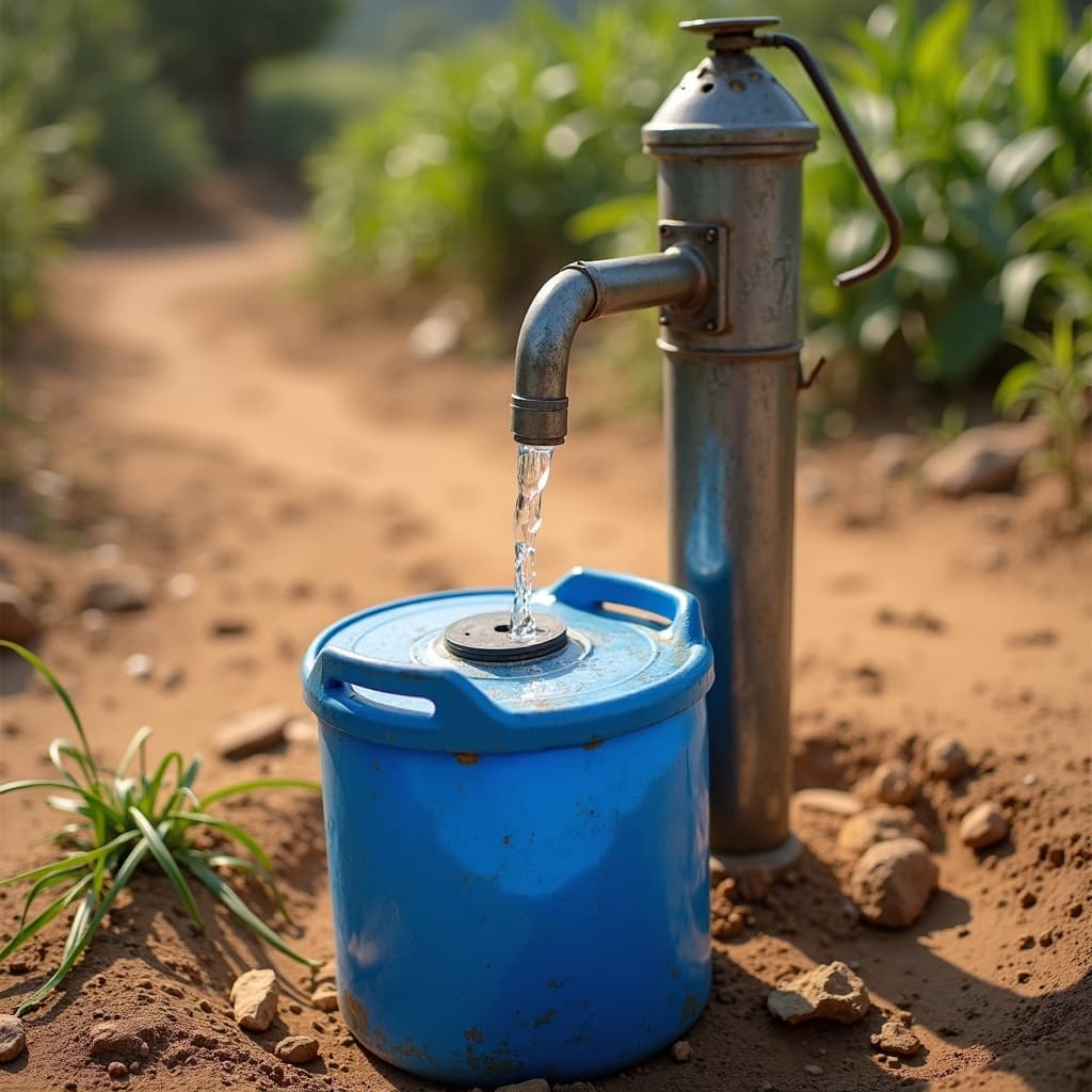 Handpumpe mit sauberem Wasser in einem Dorf.