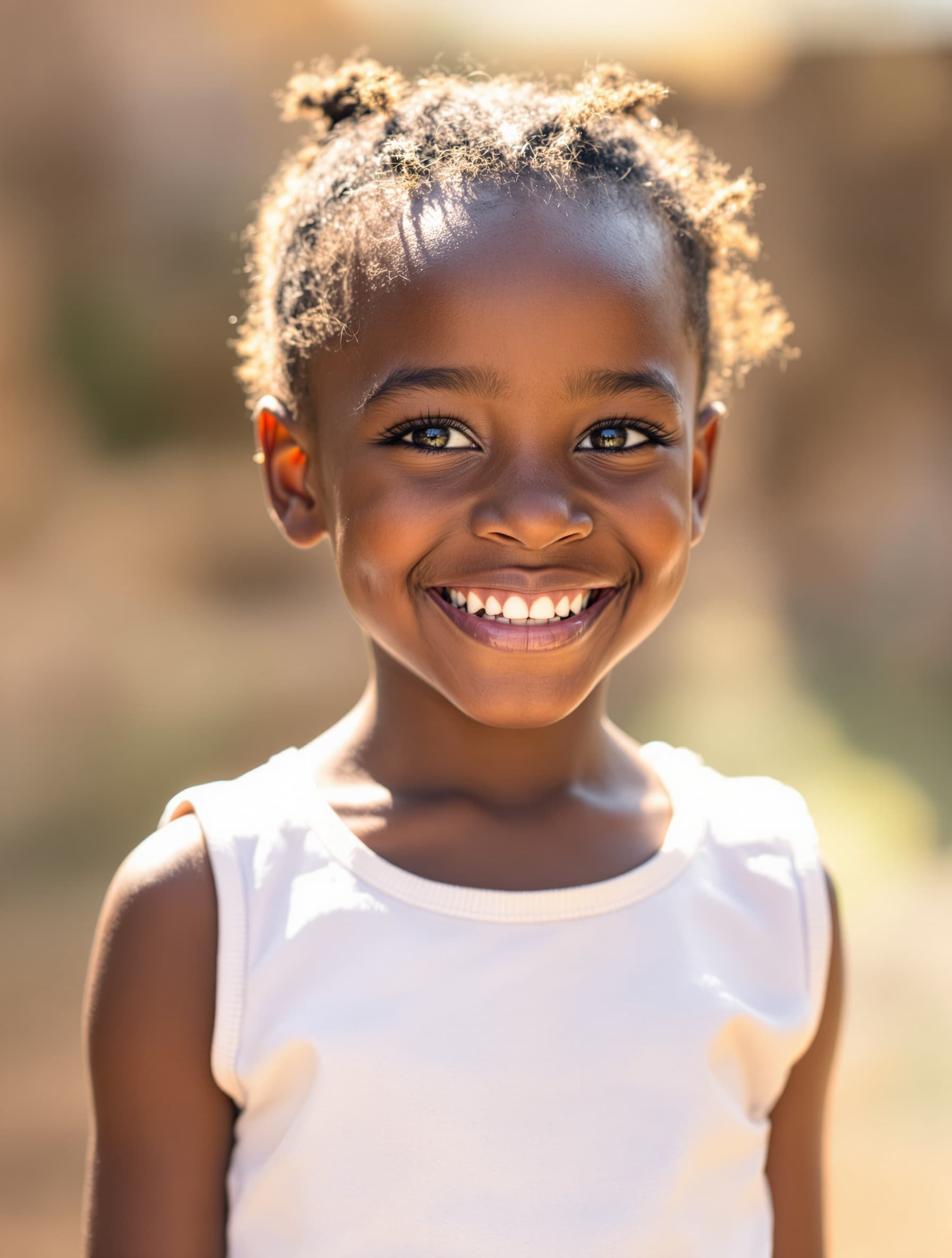 Ein strahlendes afrikanisches Mädchen lächelt voller Hoffnung — Dokumentarfotografie im warmen Tageslicht.