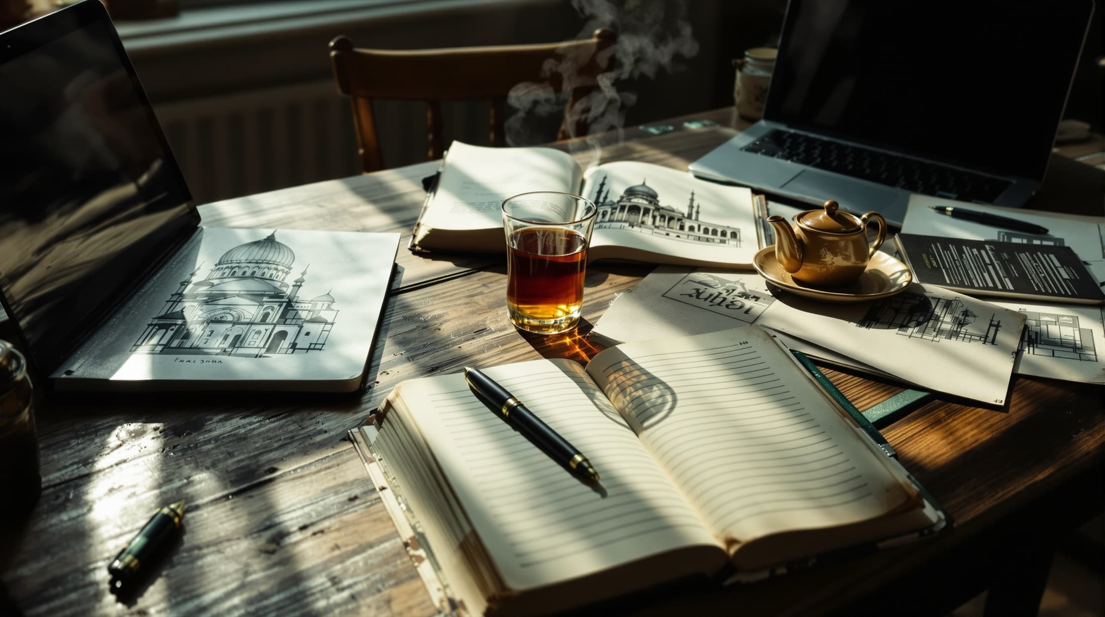 Ein gemeinsamer Arbeitsplatz mit Notizbüchern, einem Glas Çay und einer Architekturskizze einer Moschee — die ruhige tägliche Arbeit von SadakaNow.